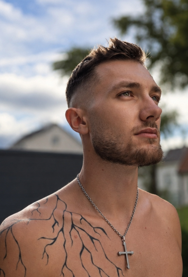 Nahes Portrait von Lucas Pohl mit Tattoo und silberner Kreuzkette